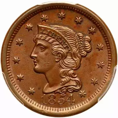 1854 N-23 R-2 PCGS MS 62 BN Braided Hair Large Cent Coin 1c - Image 1 of 3