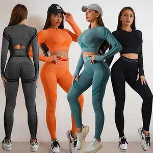 Set Yoga Sport Fitness Vita Alta Pantaloni Maniche Lunghe Tuta Senza Schienale - Foto 1 di 62