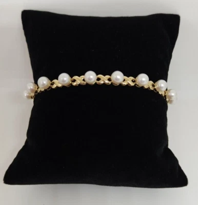 Vintage 1980's Heng Ngai 10k Gold Pearl X O Bracelet 7 Inches - Image 1 of 4