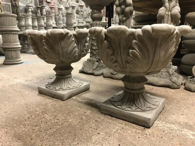 Large tulip planters concrete stone garden ornament Urn planter pots leafy X 2 - Image 1 of 4