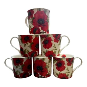 6x Poppy Mugs Fine Bone China 350ml Princess Style Heath Mccabe Tea Coffee Cups - Picture 1 of 13
