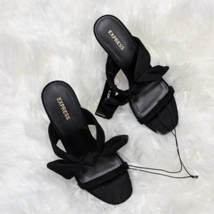 Neu mit Etikett Express schwarz veganes Wildleder Schleife Riemen offene Zehenpartie Stoff Heels Größe 6 - Bild 1 von 5