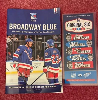 NY Rangers 1942-67 Orig 6 Era Celebración 16/11/25 - Programa y boleto MSG Rangers Foto 1 de 4