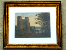 Antique Oil Painting Saltwood Castle, Kent - Sunset / Dawn Landscape - FRAMED