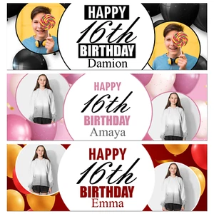 Personalised 16th Birthday Banner | 2 Photos | Pink/Cream, Red/Gold, Black/White - Picture 1 of 4