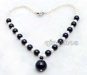 Collar de Gargantillas Blanco Perla 17" para Mujer 18mm Colgante de Ágata Negro 5994 - Imagen 1 de 8