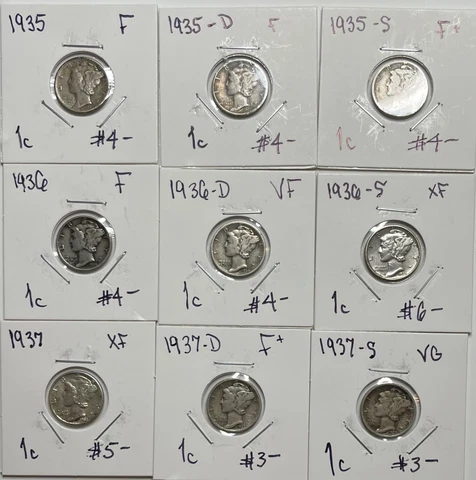 1935-D-S, 1936-D-S, 1937-D-S,  (9) Mercury Dimes, US Coin Cover