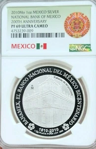 2010 MEXICO SILVER BANK OF MEXICO ANNIVERSARY NGC PF 69 ULTRA CAMEO TOP POP - Picture 1 of 4