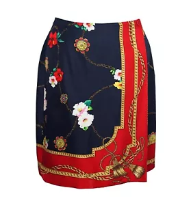 Vintage ANN TAYLOR 6 Silk Wrap Skirt Red Navy Blue Scarf Print Floral Chain EUC - Picture 1 of 4