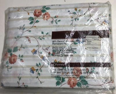 JC Penney 复古 Susan 双人贴合床单花卉条纹 Dacron Poly & Cotton 全新 — 第 1/3 张图片