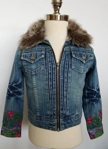 Guess Girls Denim Jean Jacket Fur Collar Floral Size 6 - Picture 1 of 5