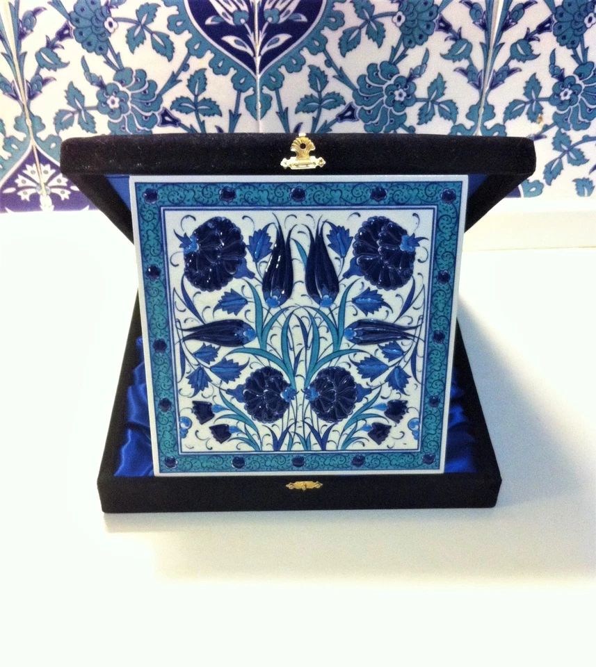 8x8 Zoll handgefertigte türkische Kütahya Relief Fliesen in 3 Farben Samt Box, Weihnachtsgeschenk - Bild 1 von 4