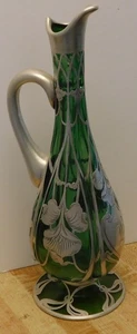 La Pierre Vase Antique Art Nouveau American Sterling Silver Overlay Green Glass - Picture 1 of 4