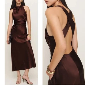 Reformation Casette Silk Mahogany Brown Cross Back Ruched Maxi Dress Size 2 - Picture 1 of 7