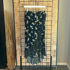Maurices Womens Maxi Skirt Size M Black Floral Ruffle Hem Faux Wrap - Picture 1 of 7