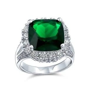 Large 7CTW Green Solitaire CZ Cushion Cut Cocktail Statement Ring Silver Plated - Picture 1 of 25