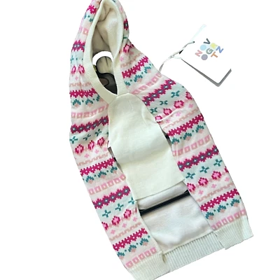NWT Novogratz Fleece Lined Medium Hooded Dog Sweater Cream Teal Pink Nordic J84 - Image 1 of 4