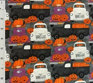 Spooky Nights Gray Pumpkin Patch Cotton Fabric 3 Wishes Bats Trucks Halloween - Picture 1 of 1