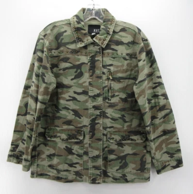 Kut From The Kloth Jacket Women Small Green Military Coat Beaded Camo Snap Up - Image 1 of 4