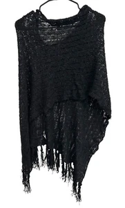 Fantazia Black Knit Poncho With Fringe Hem Acrylic Wool Blend One Size - Picture 1 of 8
