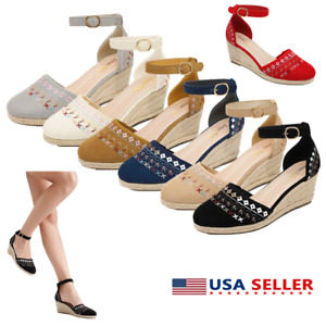 Women Espadrilles Close Toe Ankle Strap Platform Casual Wedge Sandals Size 5-11