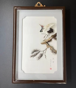 Antique Asian Egret Diorama birds with flowers marked Box Real Feather Signed⭐ - Picture 1 of 12
