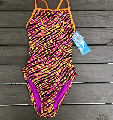 TYR The Finals Girls Zany Zebra Swimsuit Flutterback Pink/Orange - Size 26 New - Image 1 of 3