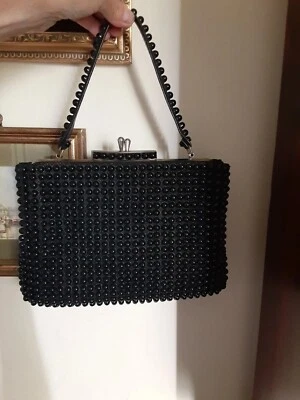 Bolso de mano grande de colección con cuentas de plástico negro bolso de noche formal cierre de broche Foto 1 de 4