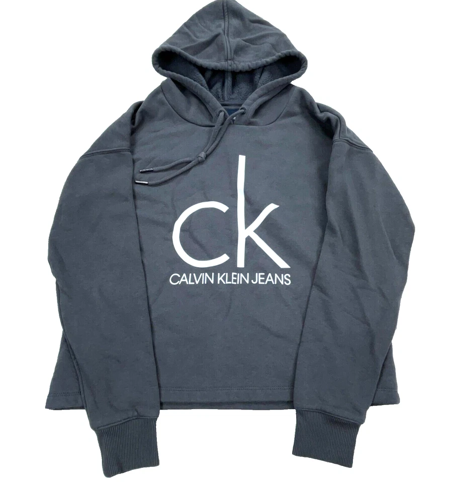 Moletom Calvin Klein com capuz feminino pequeno cinza branco suéter crop top feminino - Imagem 1 de 4