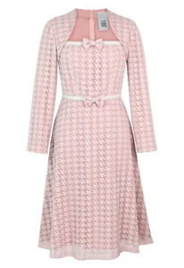 1X 46 VINTAGE 50s 60s COUTURE HOUNDSTOOTH UNIQUE LINED PINK PINUP RETRO DRESS - Picture 1 of 6