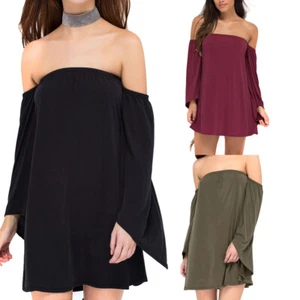 Womens Casual Skirt Off-the-shoulder Horn Dress Long Sleeve Loose Mini Dress US - Picture 1 of 19