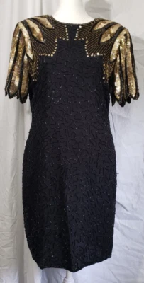 Vintage Stenay Womens Black Silk Beaded Gold Sequin Evening Party Dress Size P8 — 第 1/4 张图片
