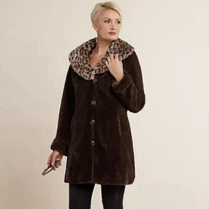 NEW VTG Dennis Basso Brown Faux Fur Coat Heavy Knit Removable Hood Collar 1X - Picture 1 of 12