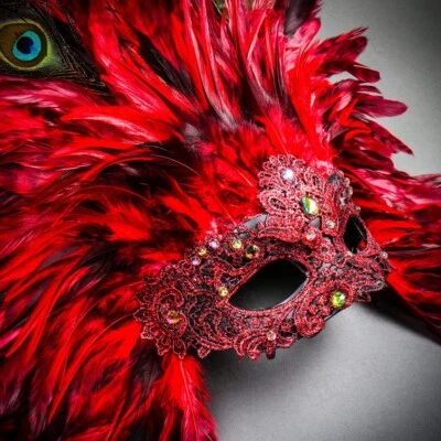 Red Tall Feather Venice Carnival Mask for Women Masquerade Sexy Venetian Costume - Image 1 of 4