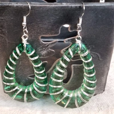Retro 80s Disco Statement Green Lucite Open Teardrop Wire Wrapped Earrings - Image 1 of 4