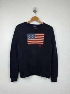 Ralph Lauren Flag Jumper Large Womens Navy USA Stars Stripes Cotton Chunky Polo - Picture 1 of 8