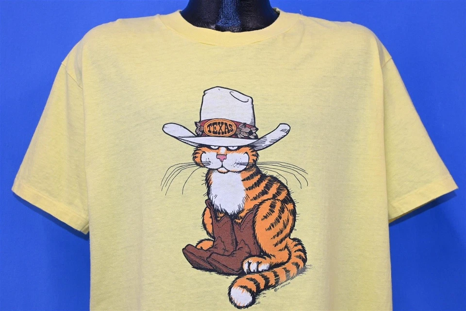 vtg 80s COWBOY CAT TEXAS HAT BOOTS ORANGE TABBY YELLOW COTTON t-shirt LARGE L - Image 1 of 4