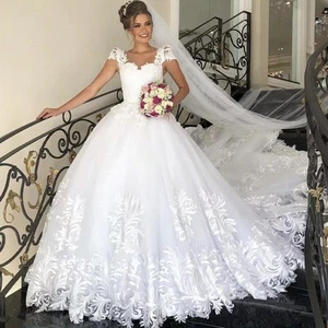 White Elegant Wedding Dresses Lace Applique V-Neck CapSleeves Bridal Gown Train - Picture 1 of 8