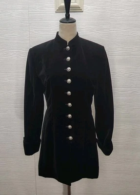 Casaco longo militar gótico romântico veludo preto vintage J. Peterman tamanho 4 - Imagem 1 de 4