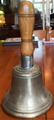Antique Brass Bell Very Large Wooden Handle School Church Heavy Well Made - Image 1 of 4