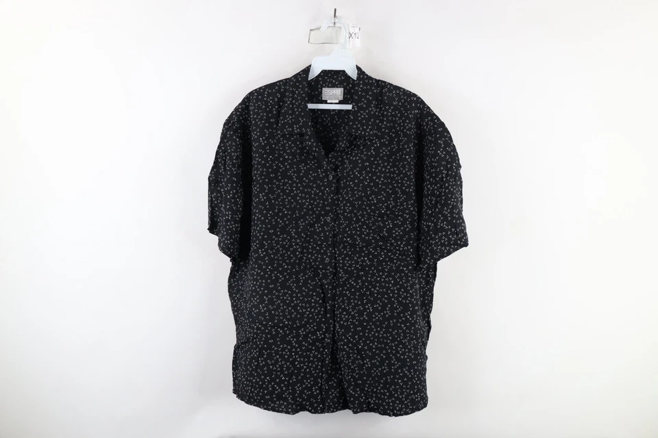 Vintage 90s Esprit Womens Large Geometric Rayon Looped Collar Button Shirt Black - Image 1 of 4
