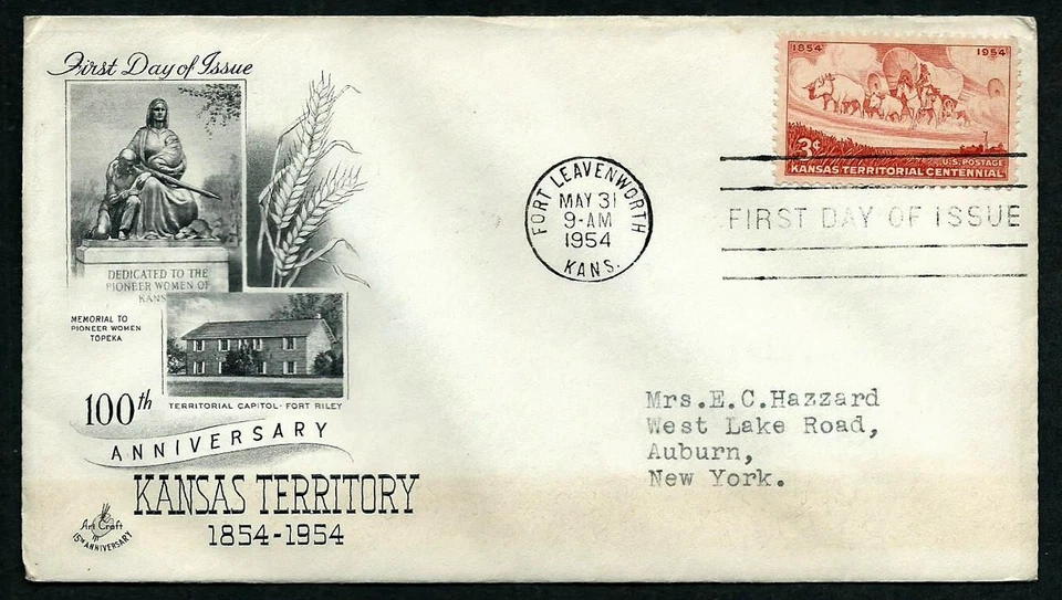 USA, SCOTT # 1061, WITH INFO PAGE ARTCRAFT FDC COVER KANSAS TERRITORY YEAR 1954 - Image 1 of 1
