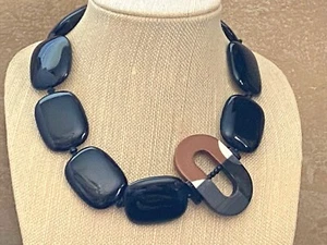 AWESOME NWT ANGELA CAPUTI OFFSET PENDANT BLACK LUCITE RESIN BEADS NECKLACE CAD3 - Picture 1 of 6