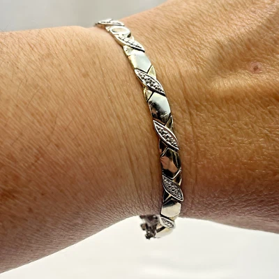 Vintage FAS 925 Sterling Silver Two Tone XO Link Bracelet 7-3/4" Long - Image 1 of 4