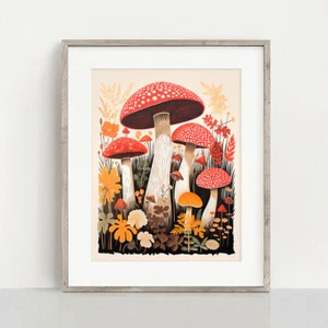 Colourful Autumn Mushrooms Print, Autumnal Woodland Landscape, Fall Abstract - Picture 1 of 5