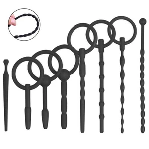 Black-Silicone Ridged Cum Through-Penis Plug Ring U-rethral Probe Stretcher Male - Picture 1 of 19