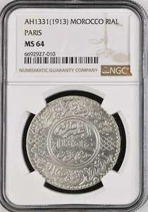 MOROCCO , SILVER 1 RIAL ( 10 DIRHAMS ) 1331 AH - PARIS - NGC MS 64 , RAREK - Picture 1 of 2