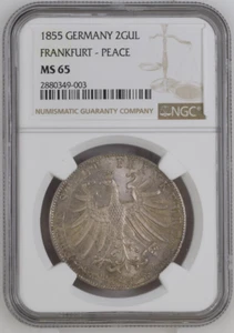 💎 Gem! 1855 Germany 2 Gulden Frankfurt Peace NGC MS65 - Picture 1 of 2