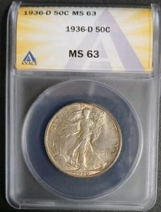 1936-D 50C Walking Liberty Half Dollar ANACS MS63 Beautiful Golden Toning - Picture 1 of 7