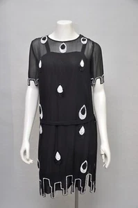 Antique VTG 1920s Black & White Beaded Shift Dress Flapper Party Belted XS - Picture 1 of 6